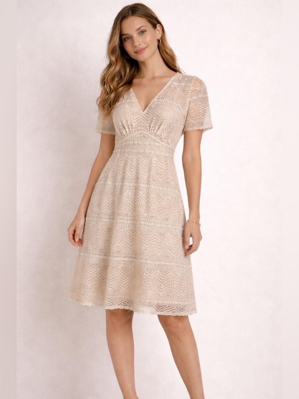 Dressbarn Cream Beige Lace Dress 3/4 sleeves Size 4